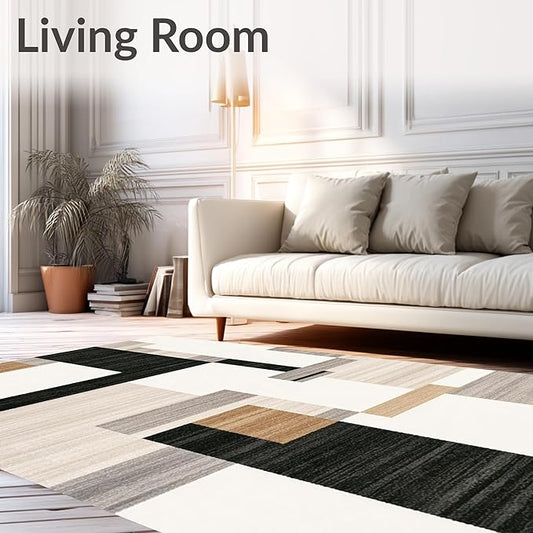 Flatwoven High Traffic Area Rug 6x9, Dark Beige Geometry and Dirt Trapper Design, Non Slip, Stain Resistant, Washable Area Rugs for Living Room, Bedroom (Beige, 6x9)