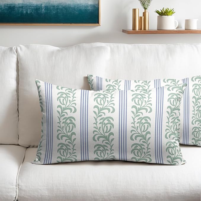 Blue Green Floral Lumbar Pillow Covers 12x20 Set of 2 Spring Vitage Flower Striped Pattern Rustic Decorative Outdoor Farmhouse Boho Pillowcases Decorations Throw Cushion Cover Decor for Couch Sofa Bed