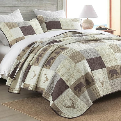 Quilts King Size, King Quilt Bedding Set Bedspread, 100% Cotton Farmhouse Rustic Quilt for King Bed, Reversible Lightweight Comforter Bed Spread with Wildlife Patterns, Cream/Brown/Gray