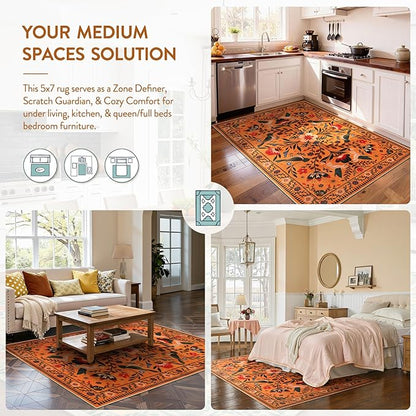 Moynesa Bedroom Rug 5x7, Washable Bohemian Scandinavian Orange Area Rugs for Living Room Dining Room Reading Coner, Modern Country Floral Bird Carpet, Fall Home Decor Non-Slip Protection