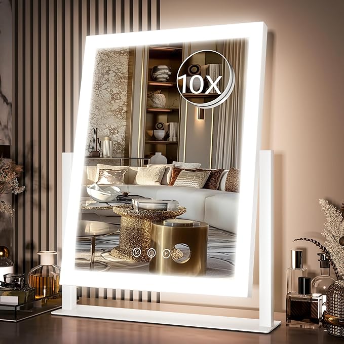 Hollywood Vanity Mirror with Lights, 17" L x 13" W LED Lighted Makeup Mirror, Dimmable & Three Color Lighting Modes, 10X Magnification Mirror, CRI>95% HD, 20W High Brightness (96 LED)