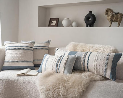 Boho Lumbar Pillow Covers 14x36 Inch Long, Blue Textured Decorative Couch Pillow Cases for Farmhouse Home Decor, Accent Cushion Cover for Sofa, Bed, Living Room, Bedroom, Pack of 1