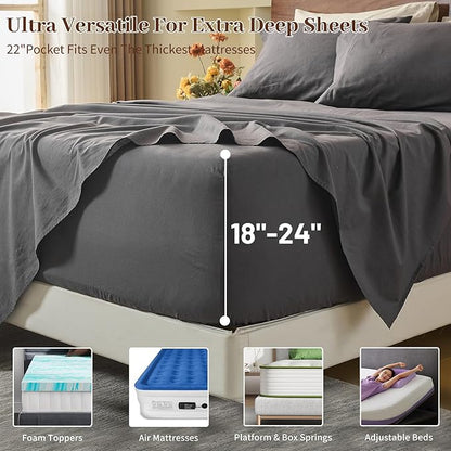 MEISHANG 100% French Pure Linen Sheets Queen Size - Extra Deep Pocket Sheet Set, Soft Durable Flax Linen, Anti-Tear Breathable & Oeko-Tex Certified 18-24 Deep Pocket,All Season(Dark Grey)
