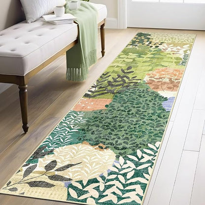 DEXDE Runner Rug 2x8 Washable Hallway Boho Soft Area Rugs Abstract Long Non Slip Leaves Floral Vintage Floor Carpet for Entryway, Kitchen, Laundry, Bathroom, Bedroom,Green