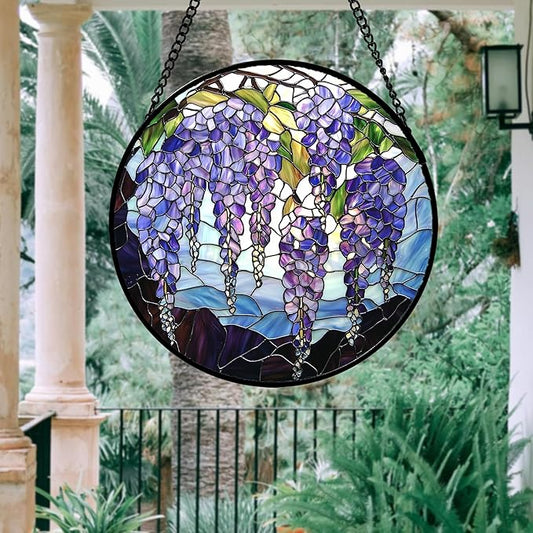 DASTOLL Stained Glass Window Hanging, Purple Wisteria Flowers Suncatcher for Doors Window Home Plant Sun Catchers Decoration Mother's Day Birthday Gifts for Women, Men, and Mom 9.8x9.8 in