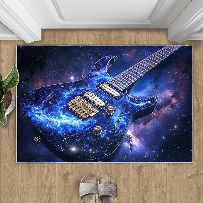 Guitar 3x5 Area Rugs for Living Room -Musical Instruments Washable Rug Starry Sky Non-Slip Carpet Indoor Floor Stain Resistant Thin Carpets for Bedroom Dining Room Home Office