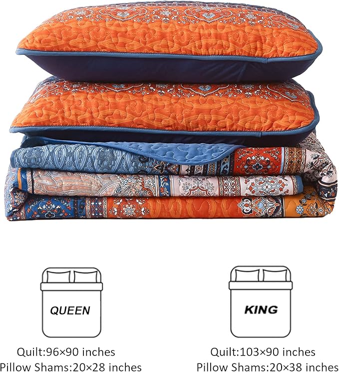 WONGS BEDDING Boho Fall Queen Quilt Set, Blue and Orange Bohemian Queen Quilt Bedding Set, Lightweight Microfiber Bed Decor Bedspread for All Season 96"x90"(3 Pieces)