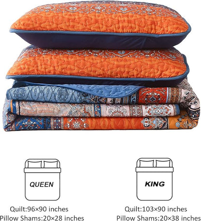 WONGS BEDDING Boho Fall Queen Quilt Set, Blue and Orange Bohemian Queen Quilt Bedding Set, Lightweight Microfiber Bed Decor Bedspread for All Season 96"x90"(3 Pieces)
