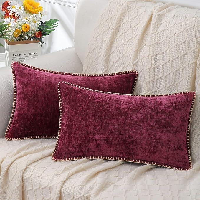 decorUhome Spring Chenille Soft Throw Pillow Covers 12x20 Set of 2, Lumbar Velvet Farmhouse Neutral Decorative Pillow Covers with Stitched Edge for Couch Sofa Bed Home Decor, Rhododendron