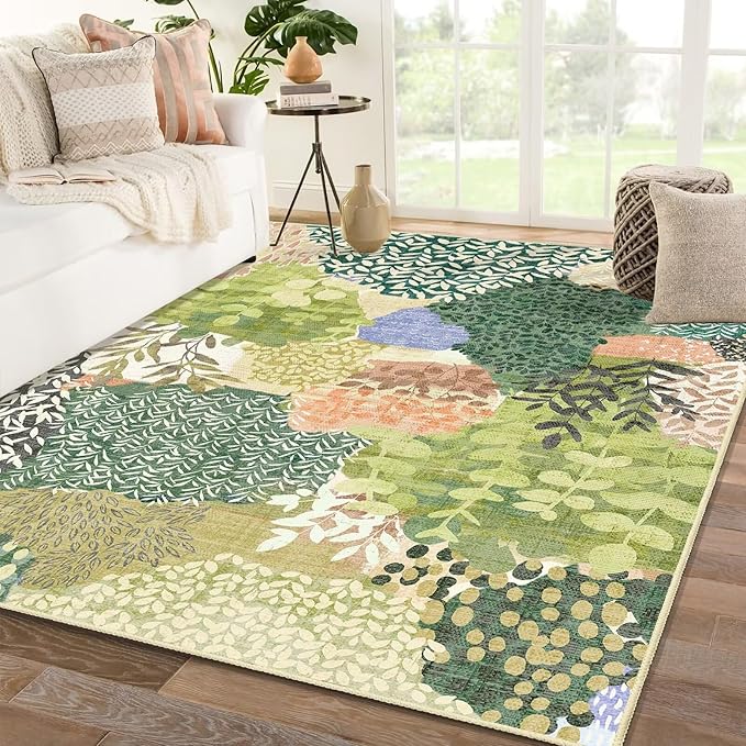 DEXDE Area Rugs for Living Room 4x6.5, Washable Non Slip Boho Rugs Throw Carpet for Bedroom Bedside Dorm Dining Room Indoor Soft Floral Home Decor, Green