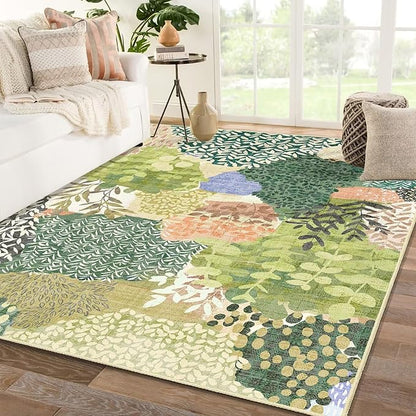 DEXDE Area Rugs for Living Room 4x6.5, Washable Non Slip Boho Rugs Throw Carpet for Bedroom Bedside Dorm Dining Room Indoor Soft Floral Home Decor, Green