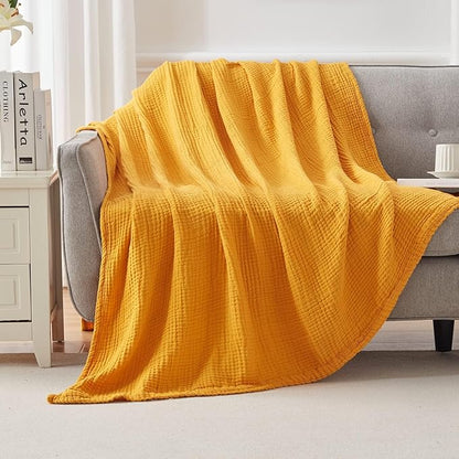 EMME Cotton Throw Blanket - 100% Muslin Soft, Breathable Gauze - All Season, Pre-Washed - Mustard Yellow, 50"x70"