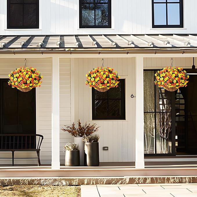 Artificial Fake Hanging Flowers Plants Baskets for Outdoor Spring Decoration, Faux Silk UV Resistant Look Real Morning Glory Arrangement for Porch Patio Garden Deck Home Summary Decor(Orange Yellow)