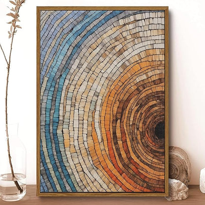 IBHJSART Framed Tree Ring Canvas Wall Art Vintage Colorful Wood Stump Painting Prints Modern Minimalist Pictures Neutral Nature Rustic Farmhouse Decor Living Room Bedroom Bathroom Office
