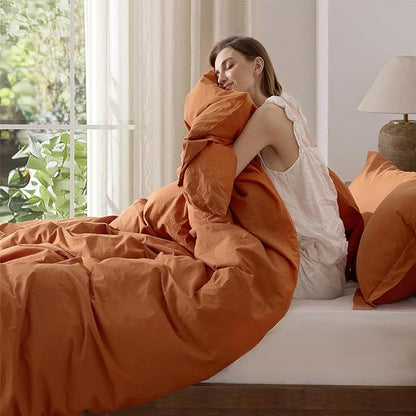 Bedsure 100% Washed Cotton Duvet Cover Queen Size - Burnt Orange Minimalist Cotton Duvet Cover Linen Like for All Seasons - GentleSoft™ Plain Simple Bedding (Burnt Orange, Queen, 90"x90")