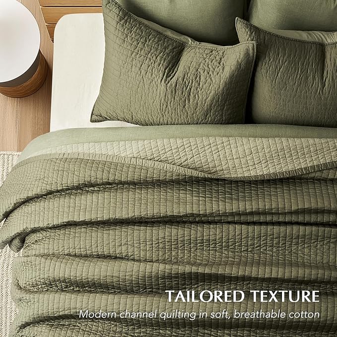 EVERGRACEHOME Cotton Sateen Quilt Set Queen Size, Pre-Washed Cotton Channel Stitch Coverlet Bedspread, 3 Pieces Lightweight Soft Bedding Sets for All Season, with 2 Pillow Shams, Olive Green