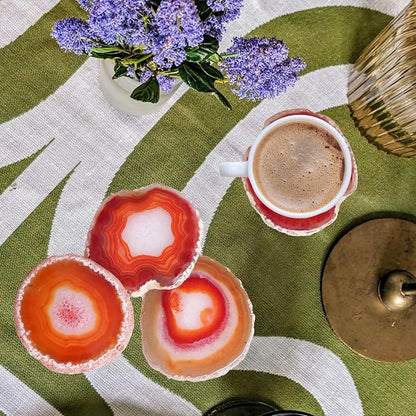 Orange Red Agate Coasters Set of 4 with Rubber Bumpers - Fiery 3-4 Inch Dyed Geode Stone Drink Coasters for Home Bar, Table Decor, Gift
