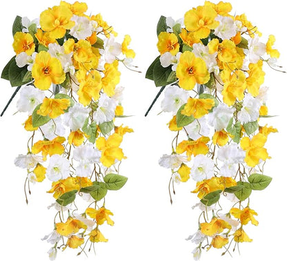 Fake Hibiscus Artificial Hanging Flowers Plants for Outdoors Spring Decoration, 4pcs Silk Hibiscus Vines Realistic UV Resistant Faux Flowers for Outside Planter Porch Patio Yard Wedding Party, Mix