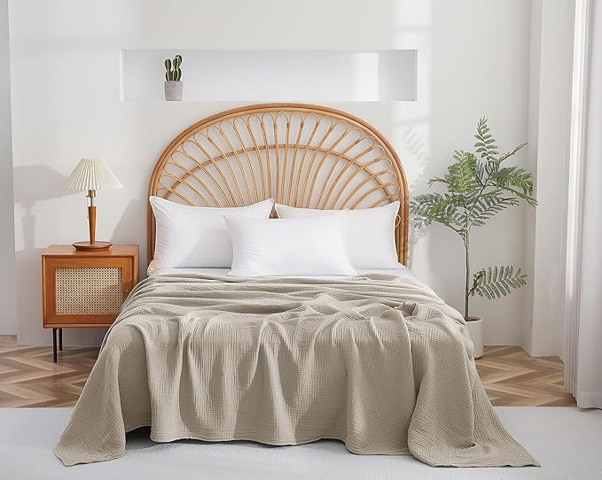 100% Cotton Muslin Throw XL Blanket (50" x 70") – A Luxuriously Soft, 4-Layer Lightweight and Breathable Gauze Blanket, Perfect for Year-Round use on beds, couches (Khaki, Throw XL)