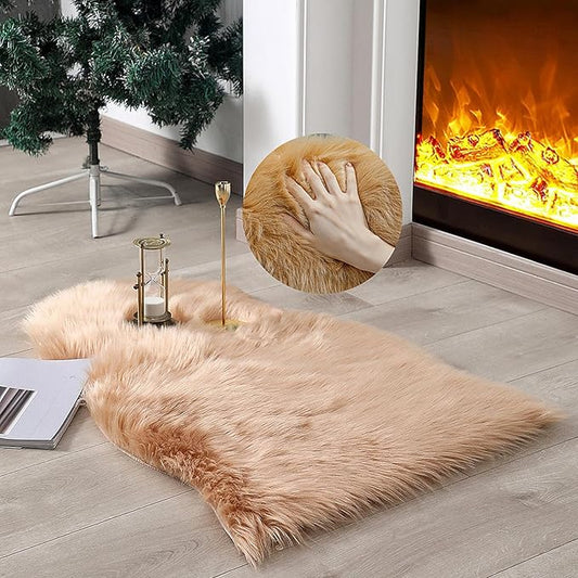 Faux Fur Rug Sheepskin Shag Fluffy Fuzzy Beige 2x3 ft Small Rugs for Bedroom Bedside Bed Floor Living Room Plush High-Density Cushion Carpet Super Sofa Cover