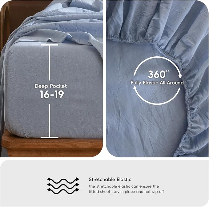 MooMee Bedding Sheet Set 100% Washed Cotton Linen Like Textured Breathable Durable Soft Comfy (Heathered Cornflower Blue, Twin)