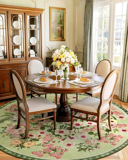 Floral Washable Round Area Rug - 6x6 Round Rugs Living Room Rug Soft Non-Slip Low Pile Large Indoor Accent Circle Carpet for Closet Bedroom Dining Room Home Office Nursery, 6ft Green