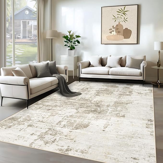 6x9 Area Rugs for Living Room, Washable Modern Abstract Large Area Rug Neutral Soft Non Slip Kids Rug Stain Resistant Indoor Carpet for Bedroom Nursery Dining Room Playroom Office(BeigeBrown, 6'x9')