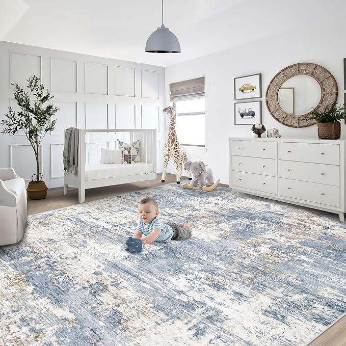 9x12 Area Rug for Living Room, Washable Modern Abstract Large Area Rug Neutral Soft Non Slip Kids Rug Stain Resistant Indoor Carpet for Bedroom Nursery Dining Room Playroom Home Office(Blue, 9'x12')