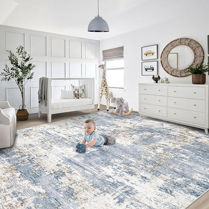 9x12 Area Rug for Living Room, Washable Modern Abstract Large Area Rug Neutral Soft Non Slip Kids Rug Stain Resistant Indoor Carpet for Bedroom Nursery Dining Room Playroom Home Office(Blue, 9'x12')