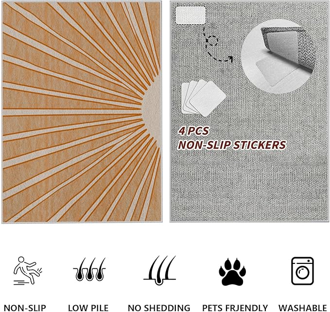 Boho Sun Print Area Rug for Living Room 4x5, Modern Abstract Non-Slip Washable Rugs, Soft Stripe Minimalism Carpet for Bedroom, Nursery, Entryway, Dining Room & Office Decor, Orange White