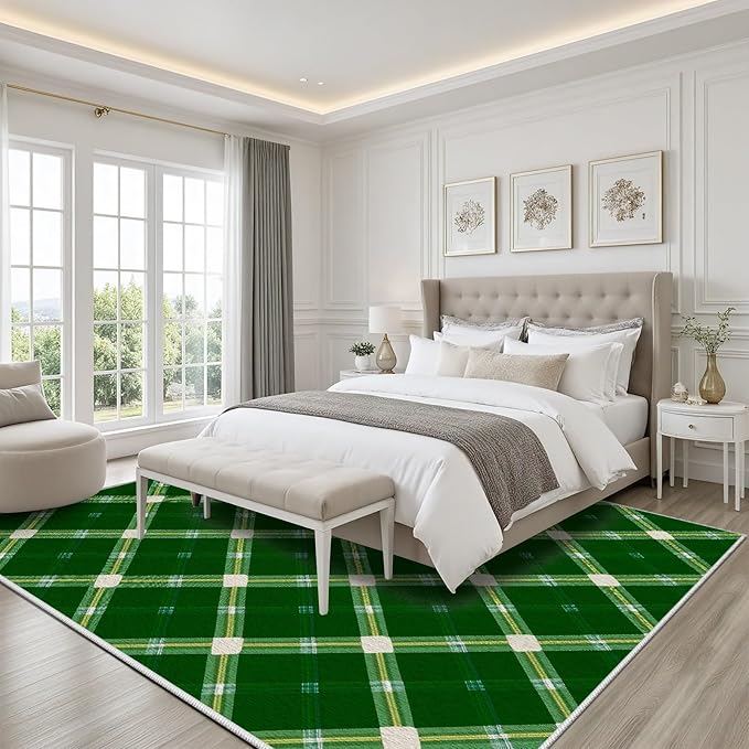 Plaid Rug - 5x7 Rug for Living Room, Geometric Stripes Soft Neutral Indoor Floor Carpet, Non-Slip Stain Resistant Modern Washable Rugs for Bedroom, Green Area Rugs