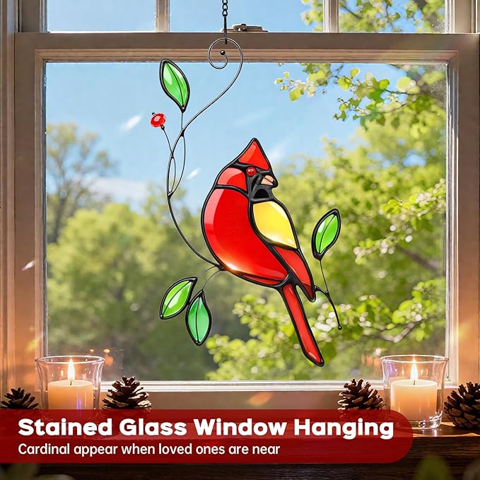 Cardinal Stained Glass Window Hanging, IDEA SHOW Red Cardinal Suncatcher, Real Glass Window Hanging Ornament, Handmade Bird Home Decor Memorial Gift for Women, Mom, Bird Lover