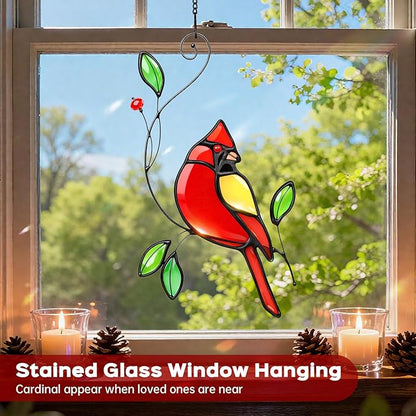 Cardinal Stained Glass Window Hanging, IDEA SHOW Red Cardinal Suncatcher, Real Glass Window Hanging Ornament, Handmade Bird Home Decor Memorial Gift for Women, Mom, Bird Lover