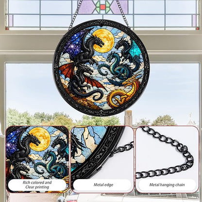 Rngmsi Stained Glass Window Hanging, 7.8″ Dragon Sun Catchers Art Decor Indoor Window, Decorative Suncatchers Hanging Ornaments Home Garden Birthday Gift for Men