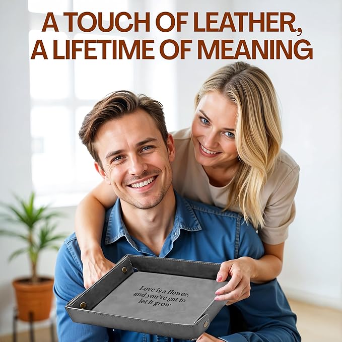 Engraved Leather Valet Tray for Couples – Personalized Catchall with Custom Name – Organizer for Keys, Wallet, Jewelry – Romantic Gift – Grey