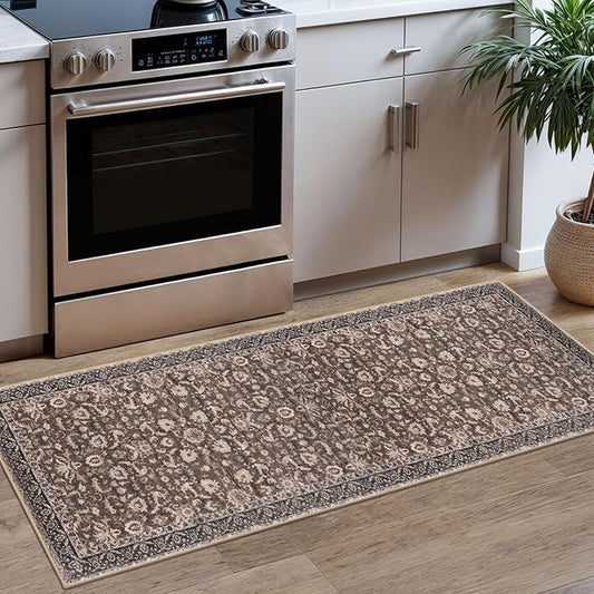 Vintage Floral 2x5 Runner, Mocha Brown Washable Hallway Runner, Non-Slip Kitchen Runner, Super Soft Thin Printed Faux Wool Carpet for Entryway, Front Door, Backdoor Bedside