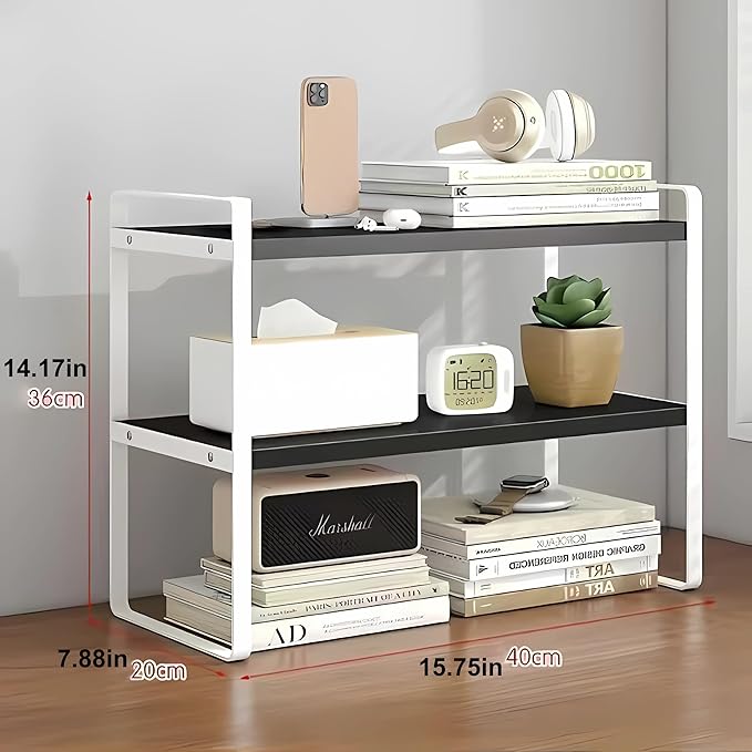 Hbluefat Desktop Organizer Shelf, 2-Tier Multipurpose Tabletop Storage Bookshelf, Small Wooden Countertop Storage Rack for Home Office Kitchen (Black+White)
