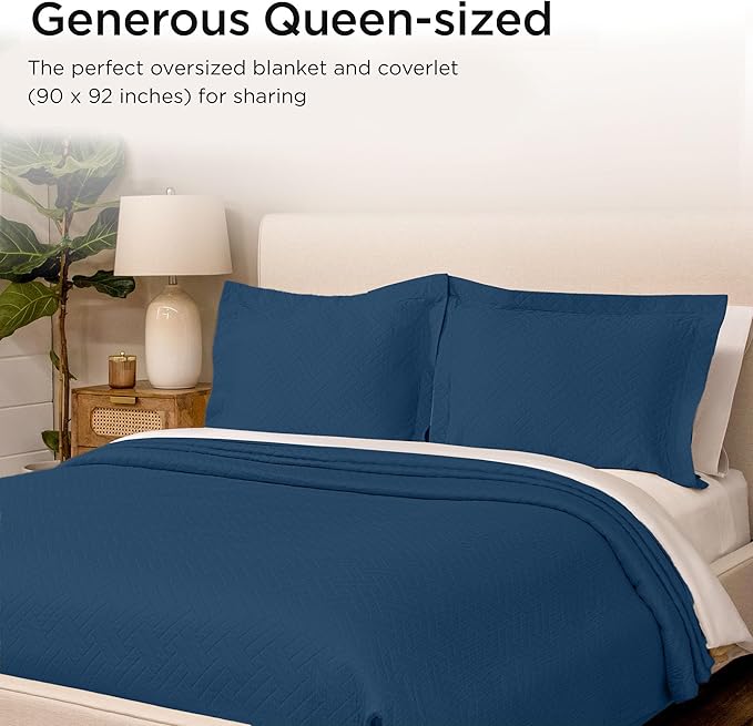 Threadmill Luxury Cotton Blankets for Queen Size Bed | All-Season 100% Cotton Queen Size Blanket | Criss Cross Cozy Lightweight, Soft Breathable Coverlet fits Full Size Bed, 90x92 | Folkstone Blue