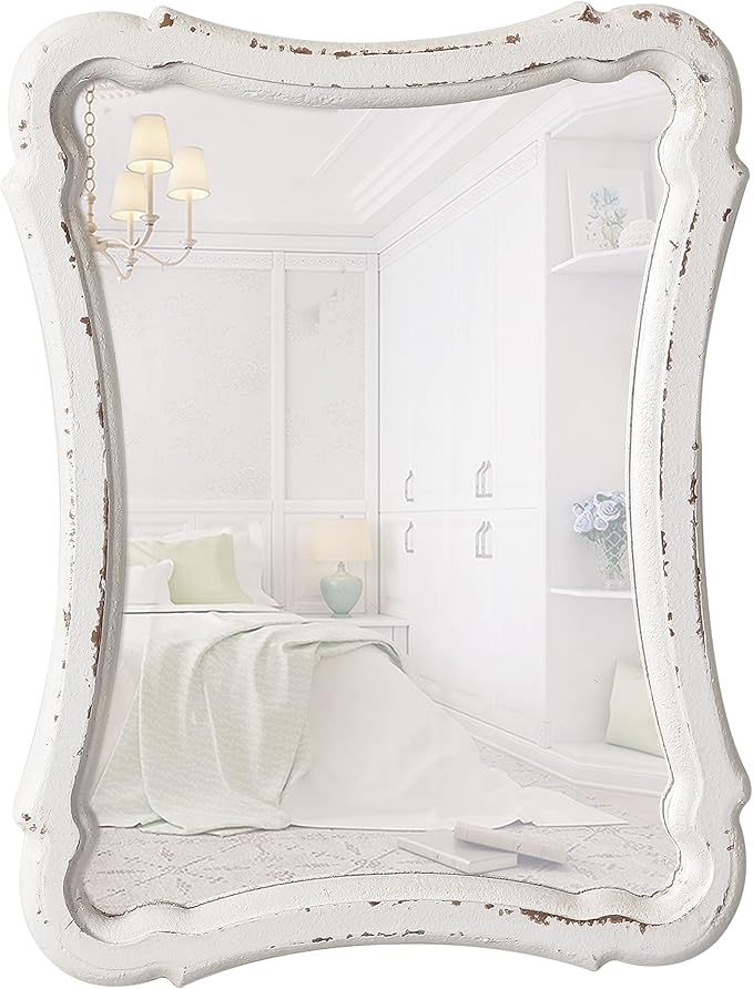 Rustic Wood Framed Small Wall Mirror Decor 12 x 9 inches, Handmade Distressed White Vintage Decorative Mirror, Farmhouse Bathroom Mirrors for Vanity, Hanging Ornate Accent Sculpted Mirrors