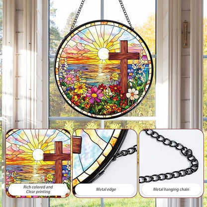 Rngmsi Cross Flower Stained Glass Window Hanging Gift, 7.8″ Sun Catchers Indoor Window Decor, Decorative Suncatchers Home Garden Art Religious Gift for Thanksgiving Christmas Housewarming