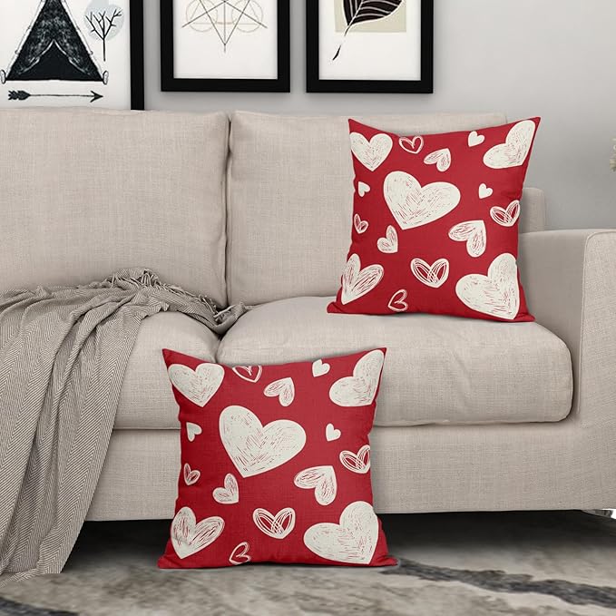 Valentines Day Pillow Covers 20x20 Set of 2 Red Love Print Decorative Outdoor Heart Throw Pillow Cases Rustic Holiday Decoration Farmhouse Sofa Couch Cushion Cover Bed Decor