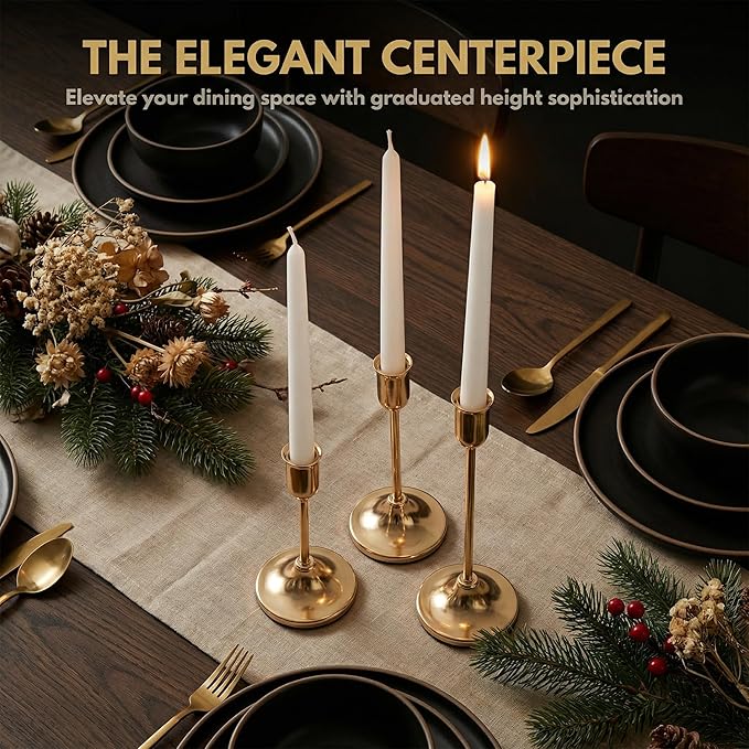 3 Pcs Gold Candlestick Holders Set - Vintage Brass Taper Candle Holder for Pillar Candles - Modern Decorative Centerpiece for Wedding Fireplace Mantel Decor - Cozy Atmosphere Housewarming Gift