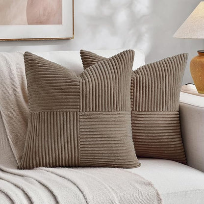 Fancy Homi Set of 2, Light Brown Patchwork Corduroy Decorative Soft Striped Modern Accent Cushion Case Farmhouse Boho Neutral Throw Pillow Covers for Chair Couch Bed Sofa Living Room 24x24 Inch