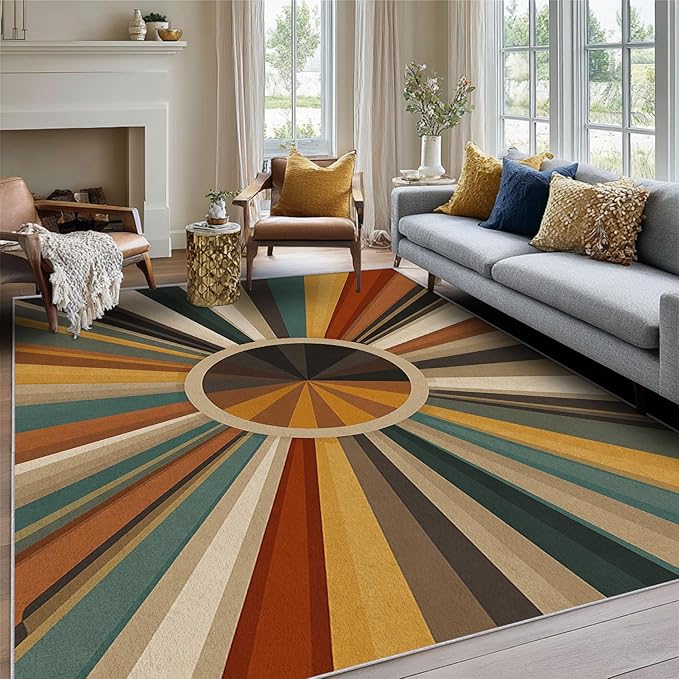 Cool Sun Rug, 4x6 Area Rugs Boho Striped Vintage Country Pattern for Living Room, Bedroom, Cool Sun Home Decor Accessories Indoor Carpet, Non Slip & Machine Washable