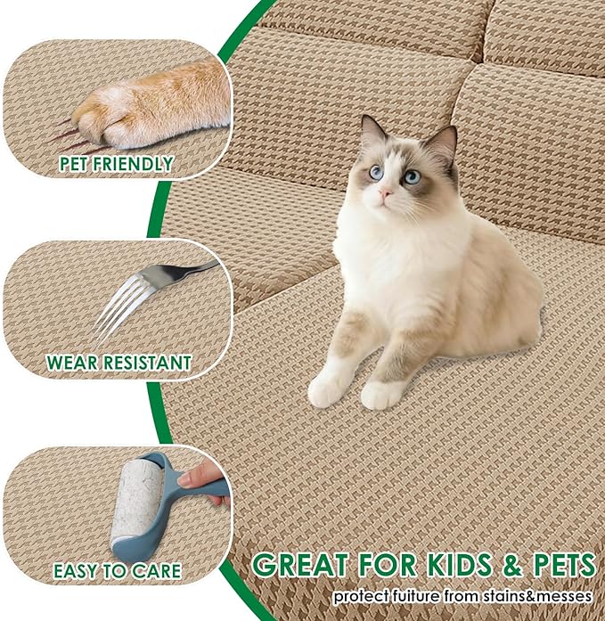 MAXIJIN Couch Cushion Covers for Sectional Sofa, Stretch Sofa Cushion Cover Washable Furniture Protector with Elastic Bottom & Non-Slip Strap for Pets Kids (1PC Seat Cover, Khaki)