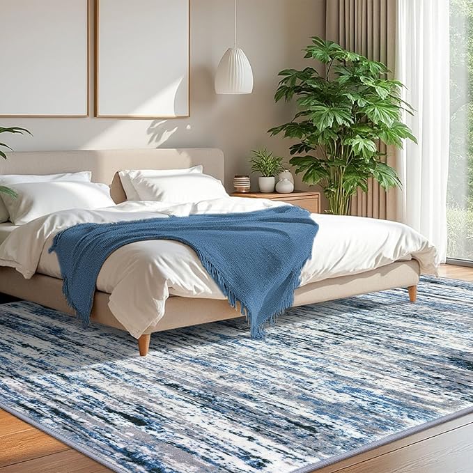 Modern Abstract 8x10 Large Machine Washable Living Room Rug Non-Slip Soft Bedroom Area Rug Grey Blue White Thin Print Faux Wool Carpet Throw Rugs for Nursery Playroom Dining Room Indoor