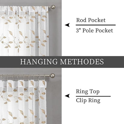 Tollpiz Taupe Leaf Sheer Curtain Leaves Embroidered Bedroom Curtains Rod Pocket Voile Window Treatments for Living Room, 38 x 63 inches Long, Set of 2 Panels