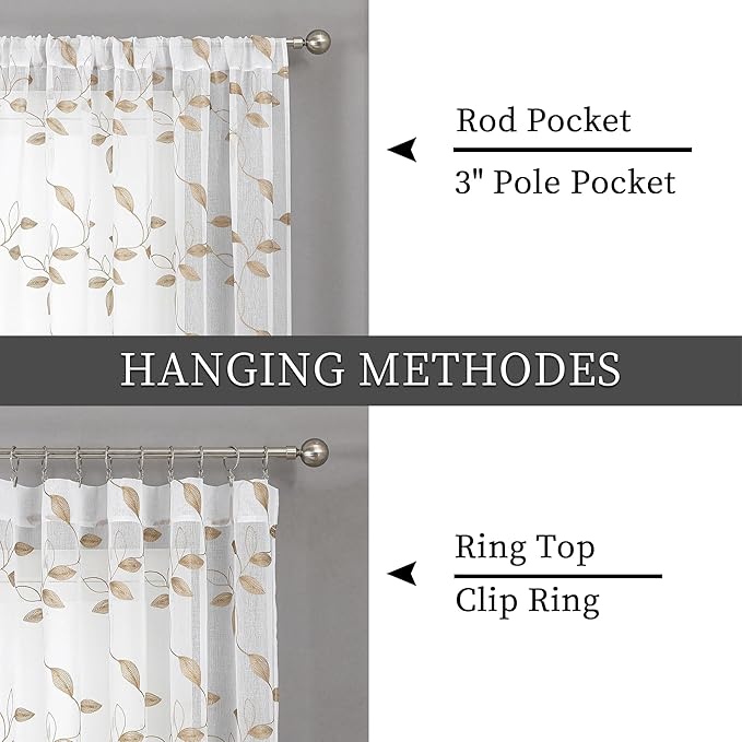 Tollpiz Taupe Leaf Sheer Curtains Leaves Embroidered Living Room Curtain Rod Pocket Voile Window Treatments for Bedroom, 54 x 63 inches Long, Set of 2 Panels