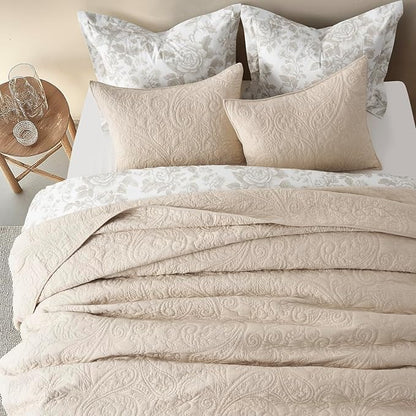 EVERGRACE 100% Cotton Paisley Quilt Set, King Size 3 Piece Set – Prewashed Lightweight Bedspread with 2 Shams, Soft & Breathable Matelasse Coverlet for All-Season Comfort, Flax Beige