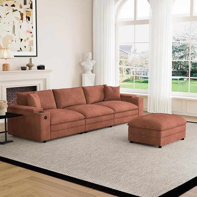 115" L Shaped Cloud Sofa Couch with Ottoman, Storage Armrest, Cup Holders, USB & Type-C Ports, Spring Cushions, Solid Wood Frame, Chenille Modular Sectional for Living Room (Coffee-L-115.2")
